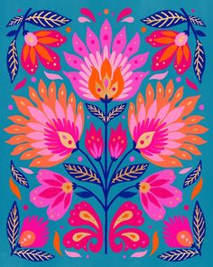 an image of a colorful floral design on a blue background with pink and orange flowers