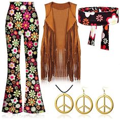 two pieces of clothing with flowers and peace signs on the front, one is brown