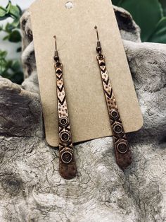 Artisan Copper earrings. Nickel and lead free, hypoallergenic. Beautiful Bohemian Copper Pierced Earrings, Artisan Bronze Copper Earrings, Bohemian Etched Copper Earrings, Unique Copper Earrings With Patina, Bohemian Nickel-free Rust Earrings, Silver Clay, Clay Jewellery, Bohemian Earrings, Copper Earrings