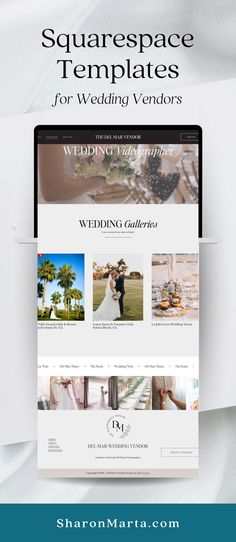 the wedding website is displayed on a laptop screen, with text that reads squarespace templates for wedding vendors