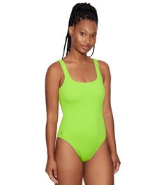 Polo Ralph Lauren Women's Martinique One Piece Swimsuit at SwimOutlet.com Casual Nylon Swimwear For Sunbathing, Summer Bodysuit For Sunbathing With Moderate Back Coverage, Summer Bodysuit With Moderate Back Coverage For Sunbathing, Summer One-piece Bodysuit With Moderate Back Coverage, Summer Seamless Nylon Swimwear, Nylon Bodysuit For Sunbathing In Summer, Casual Scoop Neck Swimwear For Summer, Summer Sports Swimwear With Scoop Neck, Sporty Tankini For Sunbathing In Summer