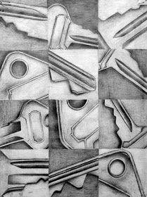 pencil drawing of various tools in different positions and sizes, including wrenches, screwdrivers, pliers, etc