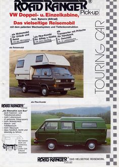 an advertisement for the road king camper with pictures of it in german and english