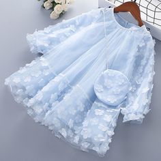 Floral Design Multi-Layer Long Sleeve Girl Mesh Dress Spring Princess Dress With Ruffles, Spring Blue Princess Dress, Blue Princess Dress For Spring, Blue Long Sleeve Princess Dress For Spring, Spring Light Blue Princess Dress With Ruffles, Light Blue Baptism Dress For Spring, Light Blue Spring Baptism Dress, Spring Baptism Blue Dress, Kid Dresses