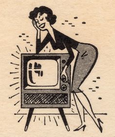 a drawing of a woman leaning on a television