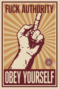 a poster with the words obey yourself on it and a hand holding up a peace sign