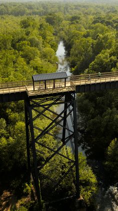 an overhead view of a bridge over a river in the middle of a green forest