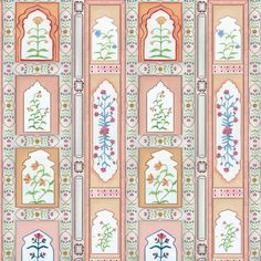 an intricately designed wallpaper with flowers and leaves on the sides, in shades of pink