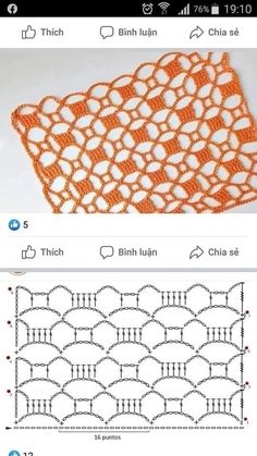 two pictures showing the same stitchs on each side of an orange crochet doily