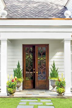 two potted plants are sitting in front of a door with glass panels on it