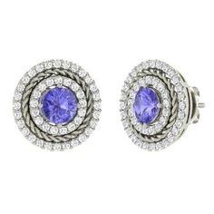 Round Tanzanite  and Diamond  Studs Earring in 14k White Gold Sapphire Earrings Studs, Sapphire Studs, Multigrain, Gemstone Stud Earrings, Circle Diamond