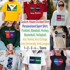 "Personalized House Divided Teams Shirt, Make Your Own Sport Shirt, Supportive Fan Shirt, Any Teams, Any Combination, Any Leagues,Any Schools THIS PRICE IS FOR ONE (01) SHIRT/ DIGITAL FILE ONLY LONG SLEEVE IS A UNISEX T-SHIRT WITH A LONG SLEEVE, LONG SLEEVE IS NOT A SWEATSHIRT WOMEN T-SHIRT IS A SLIM-FIT, WAIST-TIGHT SHIRT ITEM. NOT LIKE A UNISEX TSHIRT ONE, PLEASE BE AWARE BEFORE ORDERING -----𝐇𝐎𝐖 𝐓𝐎 𝐎𝐑𝐃𝐄𝐑----- 1-) Please, check and review all photos 2-) Choose your t-shirt size and color 3-) Click add to cart. You can go back to add more product 4-) Click \"Proceed to check out\" 5-) When you check out, you can add a note to the seller for any request. 6-) Send 3 - 8 pictures for custom graphic order (for graphic custom design shirts) **Proofs will be sent for some custom order House Divided, Design Shirts, Comfort Colors Tshirt, Custom Design Shirts, Blank T Shirts, Sports Day, Custom House, Fan Shirts, Sweatshirt Women