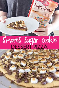 there is a small dessert with marshmallows on it and the words smores sugar cookie desert pizza