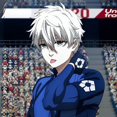 an anime character with white hair in front of a large group of people wearing blue uniforms