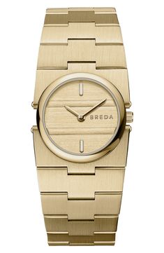 This petite watch delivers clean, modern style with its minimalist dial and coordinating bracelet. 25mm case; 28mm band width Jewelry clasp closure Quartz movement Mineral crystal face Stainless steel or 18k-gold plate Imported Gold Minimalist Watch Accessories For Business, Everyday Yellow Gold Watches With Rectangular Dial, Minimalist Gold Watches Suitable For Work, Minimalist Gold Watches For Work, Gold Watch With Analog Display For Work, Gold Analog Watch For Workwear, Gold Minimalist Watch With Polished Finish, Modern Gold Watch Accessories For Everyday, Gold Analog Display Watch For Work