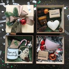 four boxes filled with different types of gifts