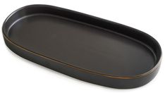 an oval black tray with gold trim on the bottom and sides, sitting on a white surface