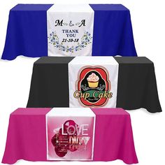 three table covers with different designs on them