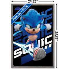 sonic the hedgehog poster on a black background with blue and white lettering that reads,