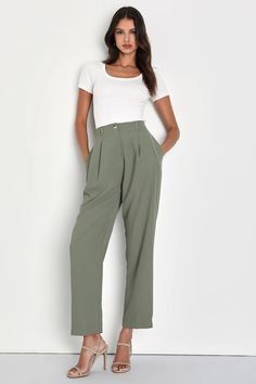 Leave everyone in awe of your posh presence in the Lulus Sophisticated Company Sage Green Straight Leg Trouser Pants! These chic pants keep things classy with their flat woven composition and high-waisted fit, complete with belt loops, a tortoise top button-closure, and a hidden zip fly. The straight pant legs feature light pleating, side seam pockets, and decorative welt pockets at back before ending at tailored, ankle-length hems. Elastic at back for fit. Green Wide Leg Pants For Business Casual, Green Wide Leg Casual Pants For Business Casual, Casual Wide-leg Dress Pants With Belt Loops, Relaxed Fit High Waist Dress Pants For Business Casual, Green High Waist Bottoms For Business Casual, High Waist Green Pants For Business Casual, Green High Waist Pants For Business Casual, Green High-waist Bottoms For Business Casual, Green High-waist Pants For Business Casual