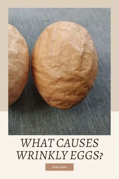 two large round breads sitting on top of a table with the words what cause wrinkly eggs?