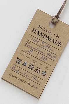 "Hello, I'm handmade" tag printed on a kraft paper. You can add care instructions and also relevant informations like material, price, country etc on it! Tag Ideas For Handmade Items, Diy Product Tags For Handmade Items, Product Tags Ideas, Handmade Price Tags Ideas, Packaging For Handmade Items, Handmade Clothing Tags, Handmade Price Tags, Handmade Gift Quotes, Unique Price Tags Ideas