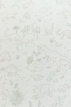 an image of dinosaurs and plants on a white wallpapered background with pastel colors