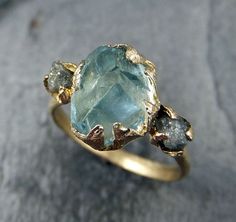 Raw Uncut Aquamarine Diamond Gold Engagement Ring Wedding Ring Custom One Of a Kind Gemstone Ring Bespoke Three stone Ring byAngeline Sukienki Maksi, Birthstone Engagement Rings, Jewerly Ring, Rose Gold Diamond Ring Engagement, Engagement Ring Rose Gold, Three Stone Ring, Rose Gold Engagement, Heart Wedding