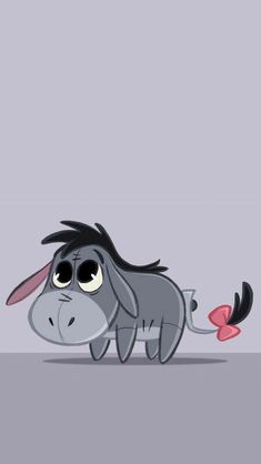 a cartoon donkey with big eyes and black hair, standing in front of a gray background