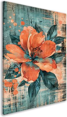 an orange flower on a blue and green background canvas wall art print, stretched to the wall