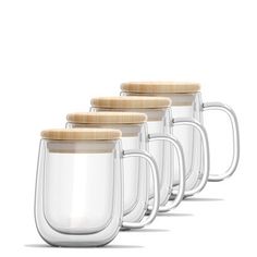 six glass mugs with wooden lids are lined up in a row on a white background