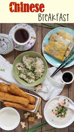 chinese breakfast with dumplings, rice and soup on the table in front of it