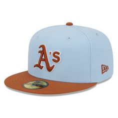 Elevate your collection of Oakland Athletics headwear with this Spring Color Two-Tone 59FIFTY hat from New Era. It features a vibrant design and embroidered team graphics that stand out from the crown in raised detail. With a precise fit and structured build, this Oakland Athletics cap is sure to be a comfortable option for every upcoming trip to the ballpark. Imported Material: 100% Polyester Officially licensed Structured fit Brand: New Era Six panels with eyelets Wipe clean with a damp cloth Casual Brimmed Fitted Hat For Baseball Season, Retro Blue Baseball Hat, Brown Flat Brim Hat For Baseball Season, Brown Snapback Hat For Spring, Brown Snapback Baseball Cap For Spring, Oakland A’s, Classy Outfits Men, 59fifty Hats, Spring Color