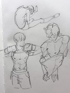 three sketches of people doing different things in the same direction, one is holding onto another person's arm