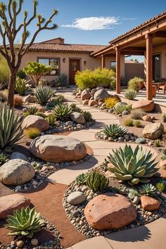 an outdoor area with rocks and cactus plants