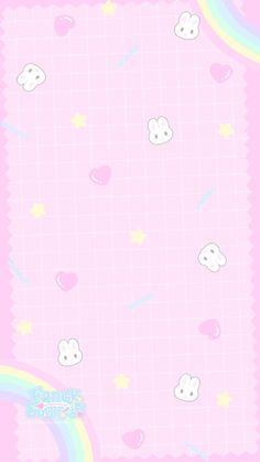 a pink background with hearts, clouds and rainbows