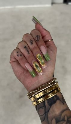 Jade And Gold Nails, Nails With Sequins, Earth Nails, Boho Nails, Vintage Nails, Glamorous Nails