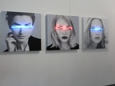 three black and white photos with neon lights on them, one of which has a woman's face in the middle