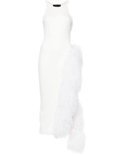 white cotton ostrich feather ribbed knit feather-trim detailing crew neck sleeveless crystal embellishment side slit racerback unlined straight hem mid-length White Feather Dress, Feather Cocktail Dress, Embellished Midi Dress, Midi Dress White, Fashion Merchandising, White Cotton Dress, White Feather, Feather Trim, Ostrich Feather