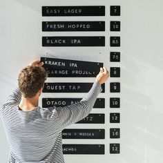 a person writing on a wall with black and white signs