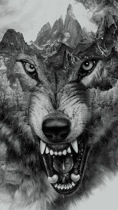 a black and white photo of a wolf's face with mountains in the background