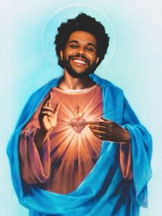 a painting of jesus smiling and holding his hands in front of him with the light shining through