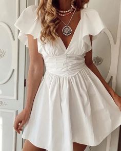 Lasaky - Casual Ruched V-Neck Ruffle Sleeve Dress Graduation Dresses, Casual White Dress, Ruffle Sleeve Dress, Grad Dresses, Bohemian Dress, Ruched Dress, Dress Size Chart, Olivia Mark, Ruffle Dress