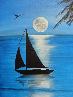 a painting of a sailboat floating in the ocean with a full moon behind it