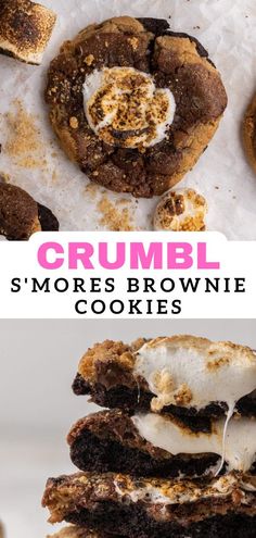 two pictures of crumbl s'mores brownie cookies