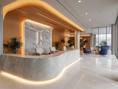 an office lobby with marble walls and flooring is lit up by lights on either side of the reception counter