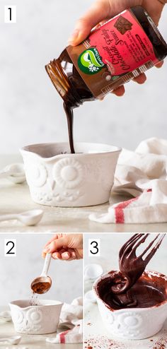 the steps to make chocolate frosting in a white bowl and then being poured into it