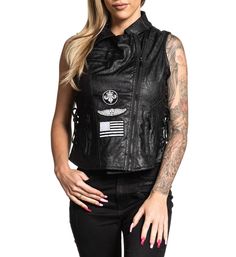 Clutch Vest - Womens Jackets - Affliction Clothing Edgy Black Vest For Alternative Fashion, Black Edgy Vest For Alternative Fashion, Black Punk Style Sleeveless Vest, Black Punk Sleeveless Vest, Black Sleeveless Punk Vest, Casual Black Vest For Alternative Fashion, Black Rocker Style Vest For Streetwear, Fitted Urban Vest For Streetwear, Casual Sleeveless Vest For Biker Events