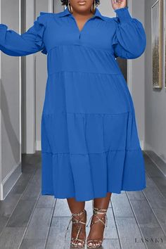 Lasaky - Plus Size Dresses: White Solid Patchwork with Casual Turndown Collar and Long Sleeves Light Blue Dress, Plus Size Party Dresses, Plus Size Vintage, Maxi Shirt Dress, Straight Dress, Versatile Outfits, Turndown Collar, Daily Dress, Plus Size Womens Clothing