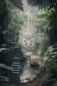 a poster with the words happiness and balance on it in front of a forest scene